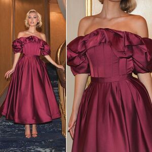 Mac Duggal Wine Off-Shoulder Satin Midi Dress